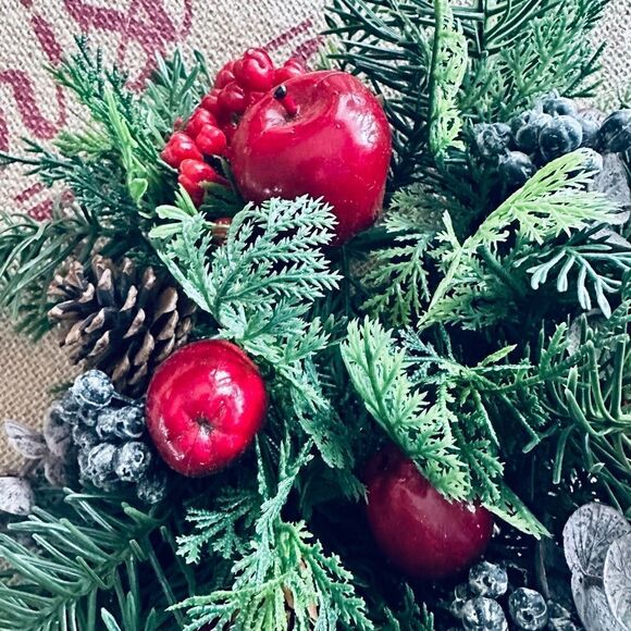 Vintage Winter Apples Evergreen Small Decorative Wreath Candle Ring - Picture 4 of 7